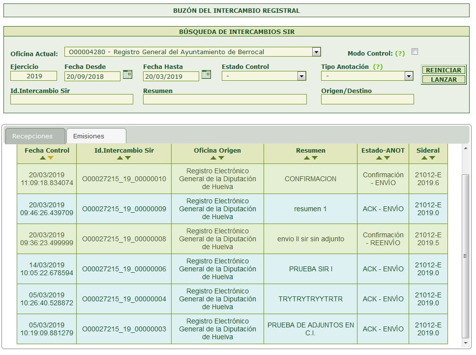 Intercambio SIR - Recepciones