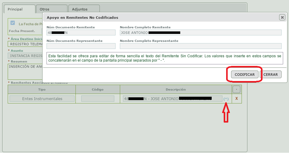 Registro Entrada - Codificar Remitente