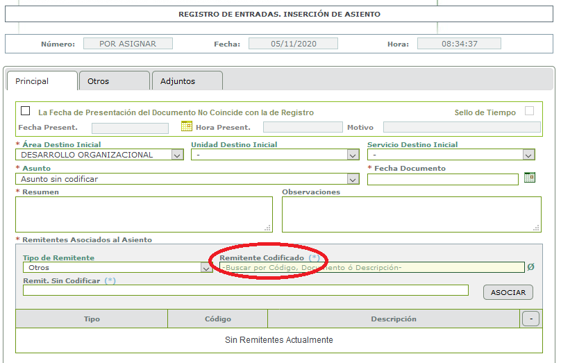 Pantalla Remitentes asociados