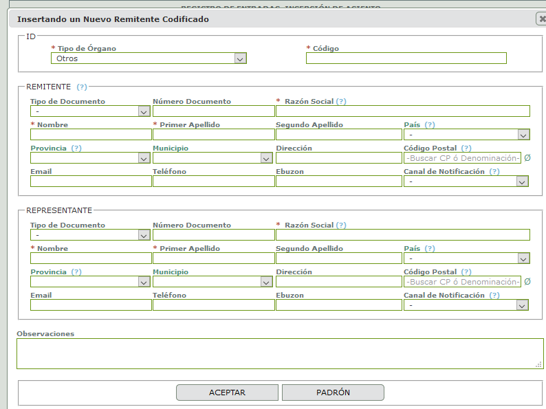 Pantalla datos remitente
