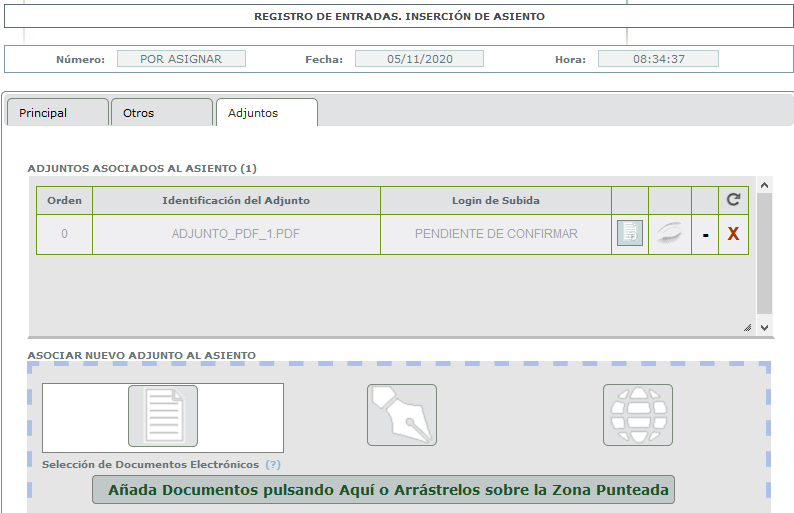 Pantalla adjunto asociado