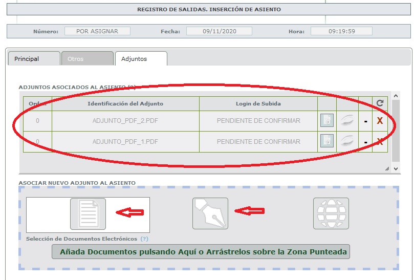 Pestaña Adjuntos - Registro Salida